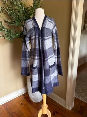 Open-Front Navy and Light Gray Plaid Women's Cardigan